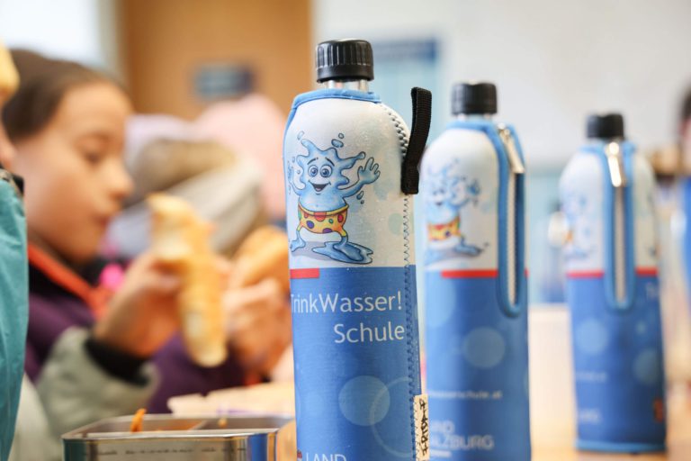 Trinkflasche der TrinkWasser!Schule mit Wassergeist-Motiv und Essensszenario im Hintergrund.